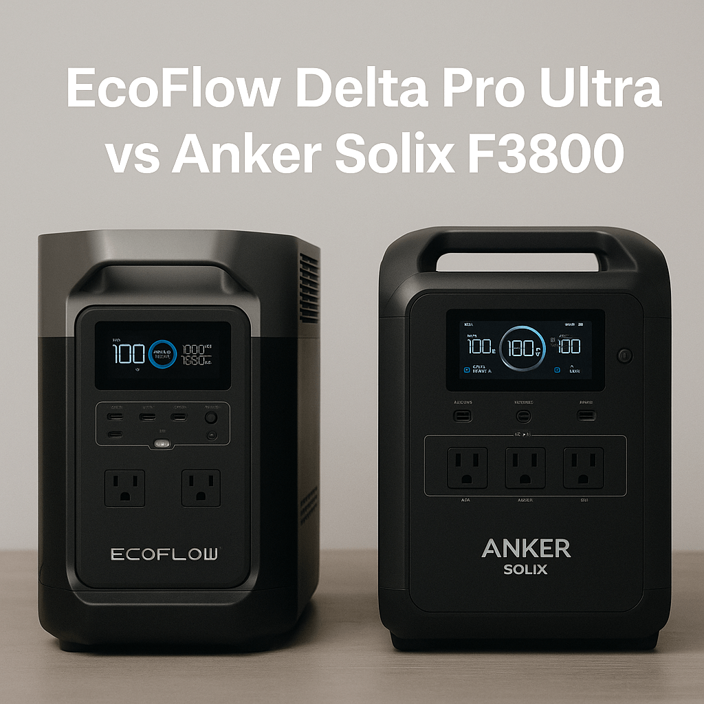 EcoFlow Delta Pro Ultra vs Anker Solix F3800 portable power stations side by side on a grey background.