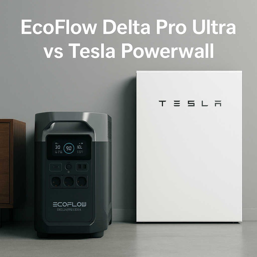 EcoFlow Delta Pro Ultra vs Tesla Powerwall side-by-side comparison on a plain background.