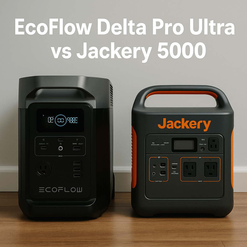  EcoFlow Delta Pro Ultra vs Jackery 5000 portable power stations side by side on wooden floor with grey background.