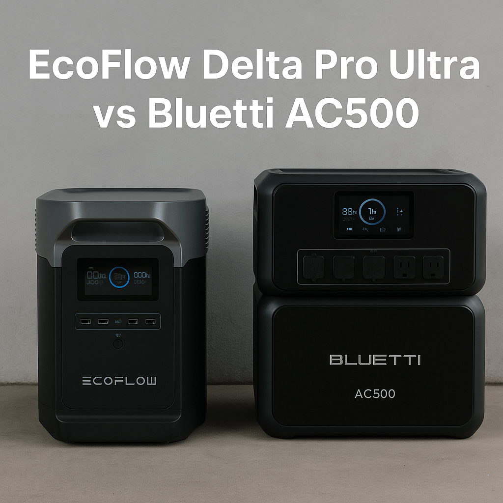 EcoFlow Delta Pro Ultra vs Bluetti AC500 portable power stations side-by-side comparison photo with text.