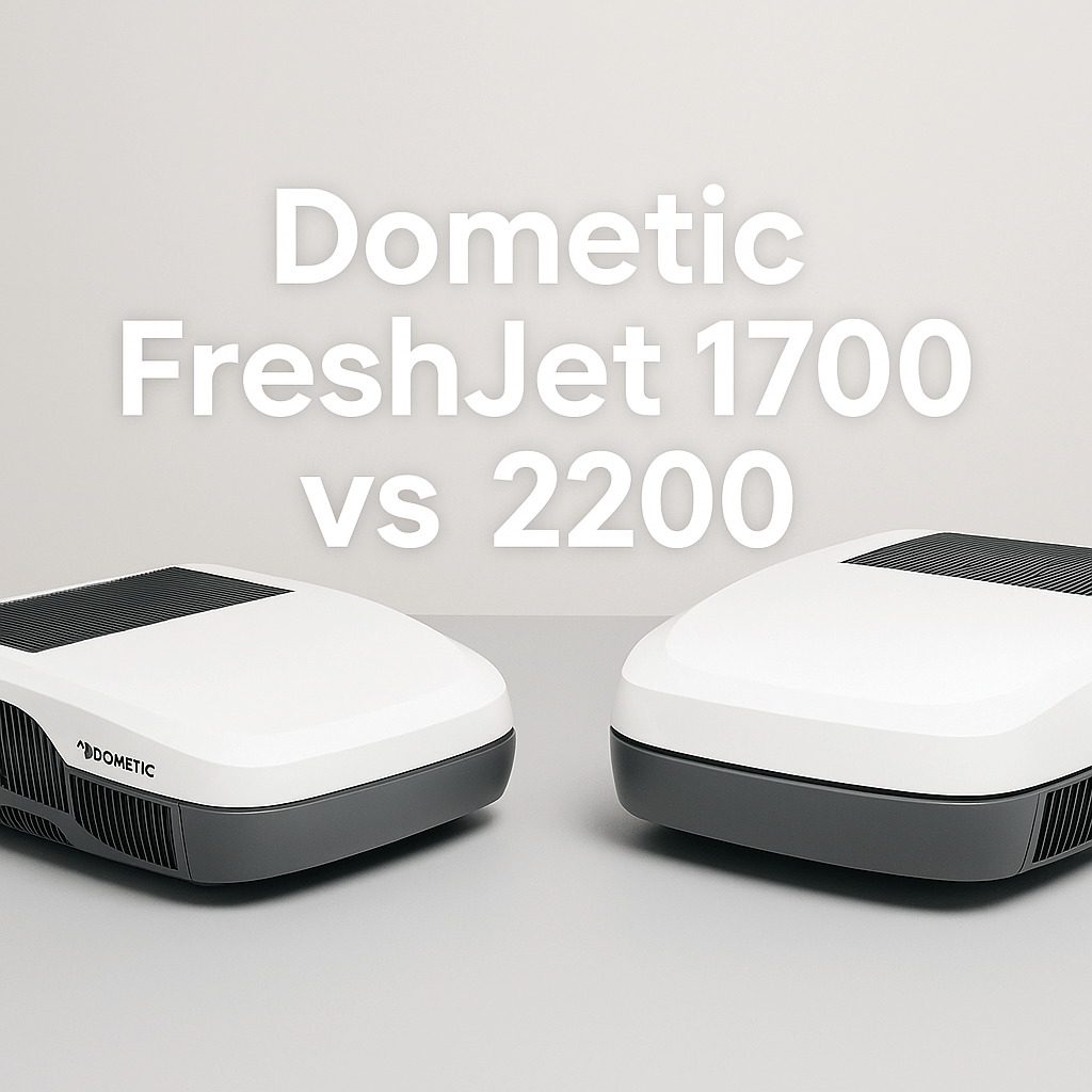 Two Dometic FreshJet rooftop air conditioners side by side with the text “Dometic FreshJet 1700 vs 2200” on a white background.