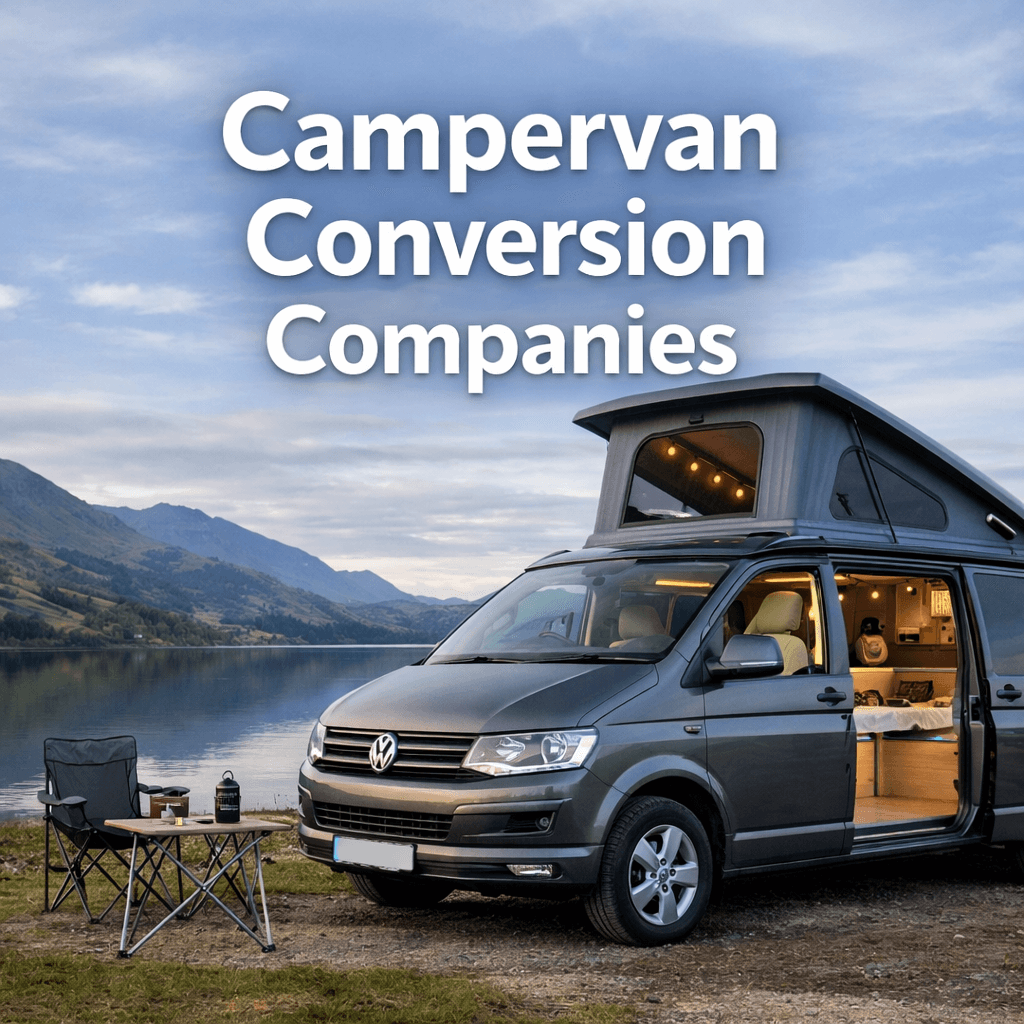 Black campervan conversion parked beside a lake with mountains in the background, with a text “Campervan Conversion Companies”