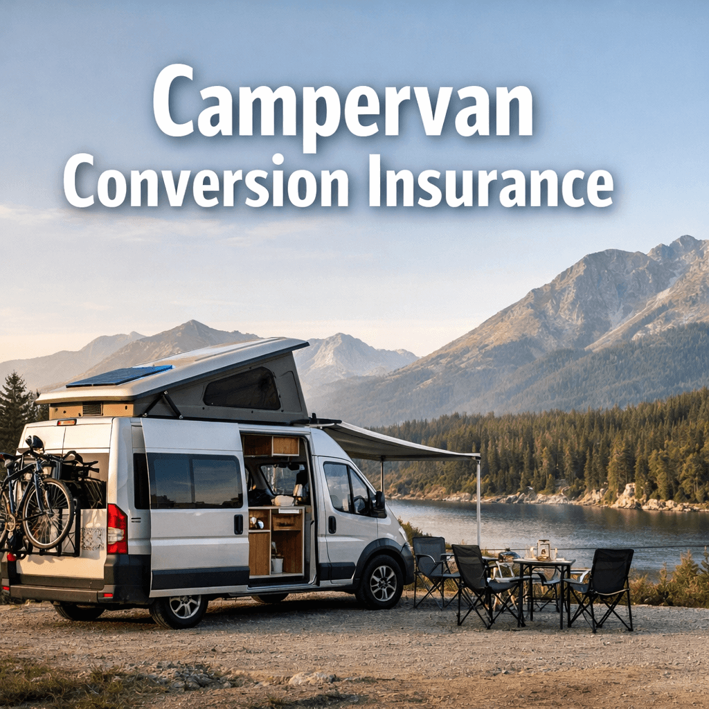 Campervan parked by a mountain lake with outdoor seating and overlay text “Campervan Conversion Insurance”.