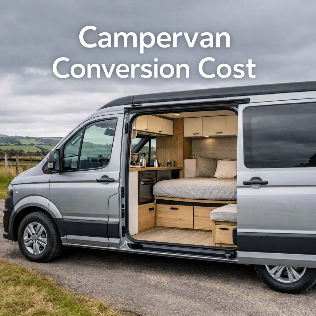 A modern converted campervan with open sliding door, bed and kitchenette inside, and text Campervan Conversion Cost.