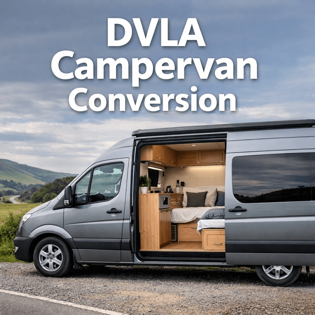 A realistic silver campervan with side door open, revealing a clean interior conversion with bed, storage, and kitchen units in natural daylight, with the text above "DVLA Campervan Conversion".