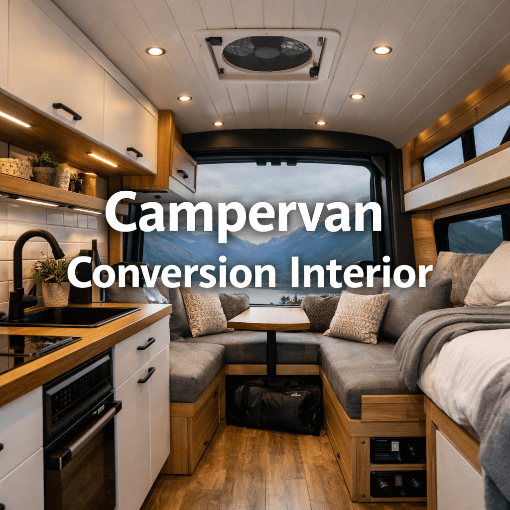 Modern campervan conversion interior with compact kitchen, rear lounge seating, wood finishes, and scenic mountain view, featuring the text “Campervan Conversion Interior”.