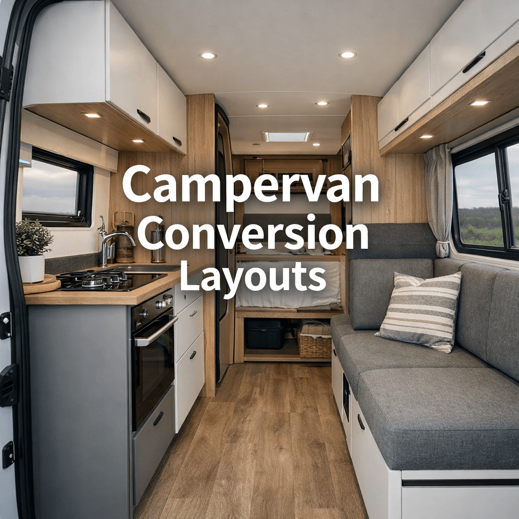 A  modern campervan interior with side kitchen, seating area, and raised bed in a clean, practical layout with the text "Campervan Conversion Layouts".