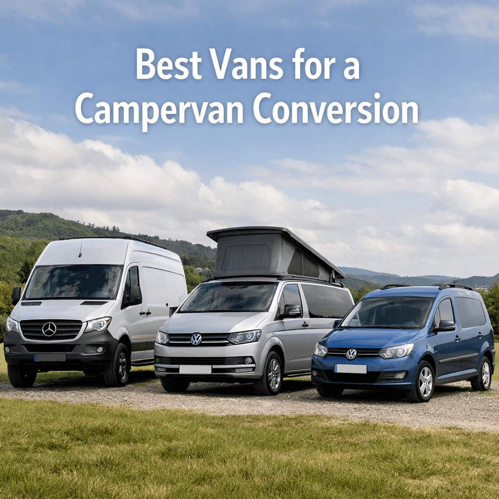 Cover image showing three campervans of different sizes parked in the UK countryside with text Best Vans for a Campervan Conversion.