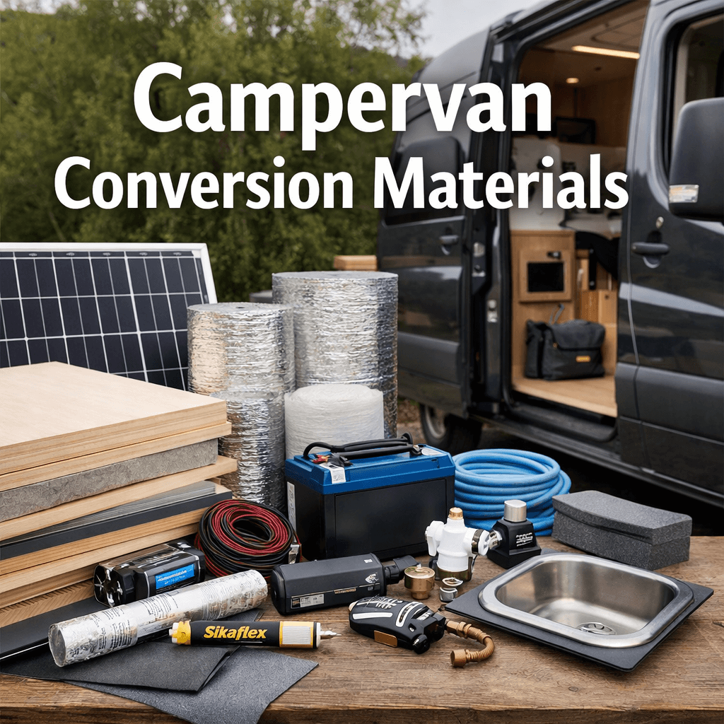 Campervan Conversion Materials: campervan interior materials including plywood, insulation, solar panel, battery, sink and tools laid out beside a dark campervan.