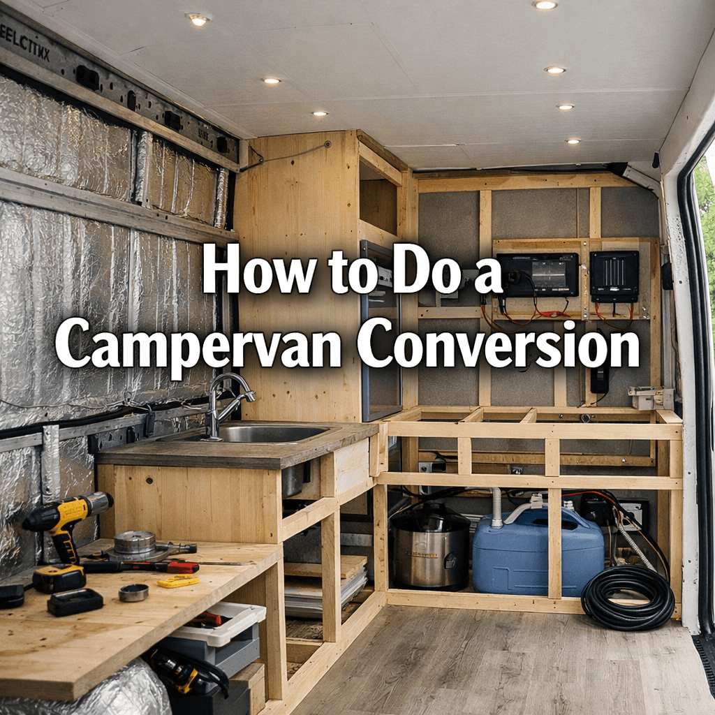 How to Do a Campervan Conversion – realistic campervan interior mid-build showing insulation, wooden cabinetry framework, electrics, and plumbing.