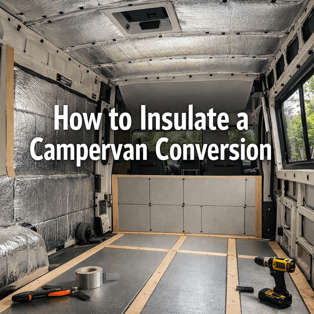 How to Insulate a Campervan Conversion cover image showing a campervan interior during insulation with fitted wall and floor panels.