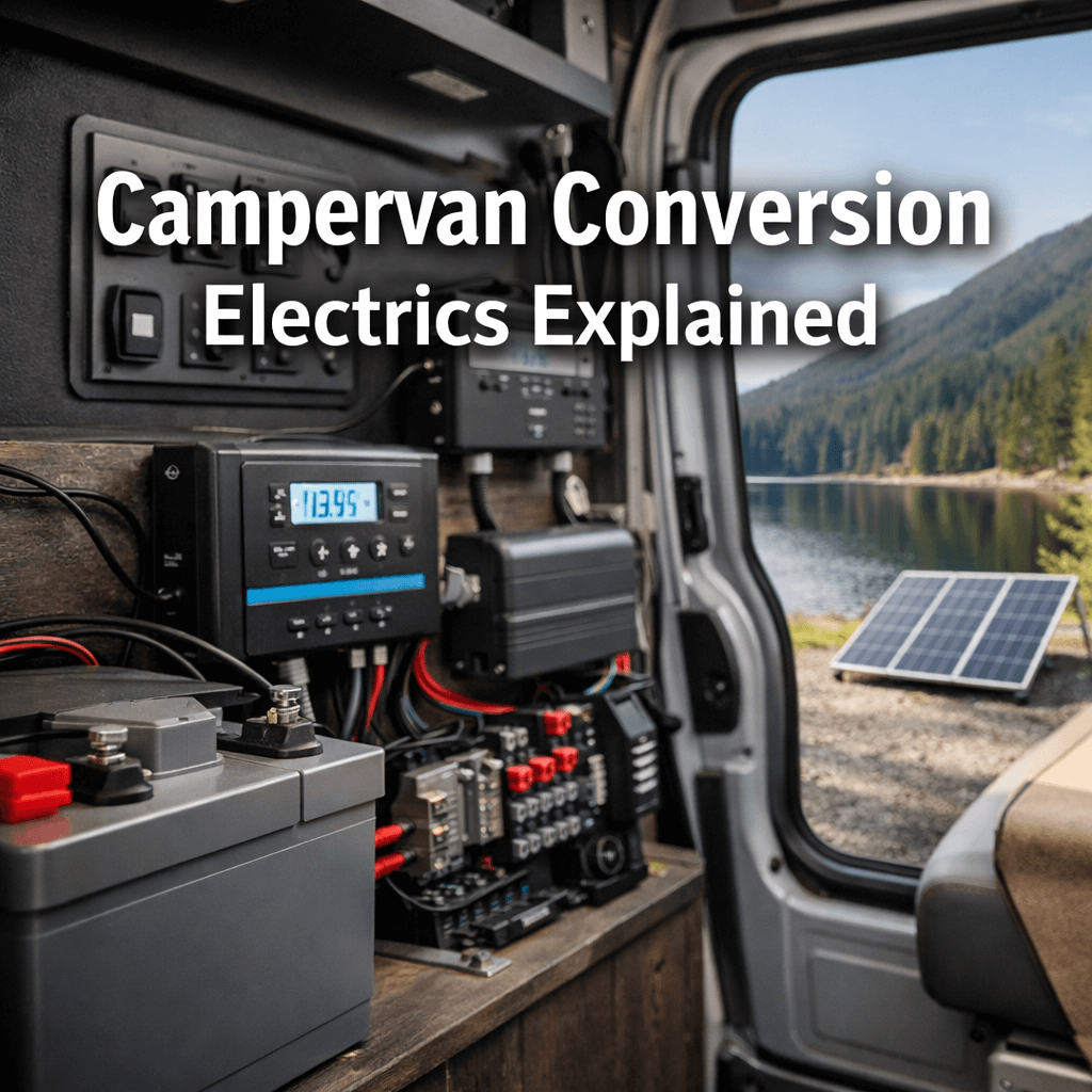 Campervan conversion electrics explained cover image showing a campervan electrical setup with batteries, inverter, and solar power system.