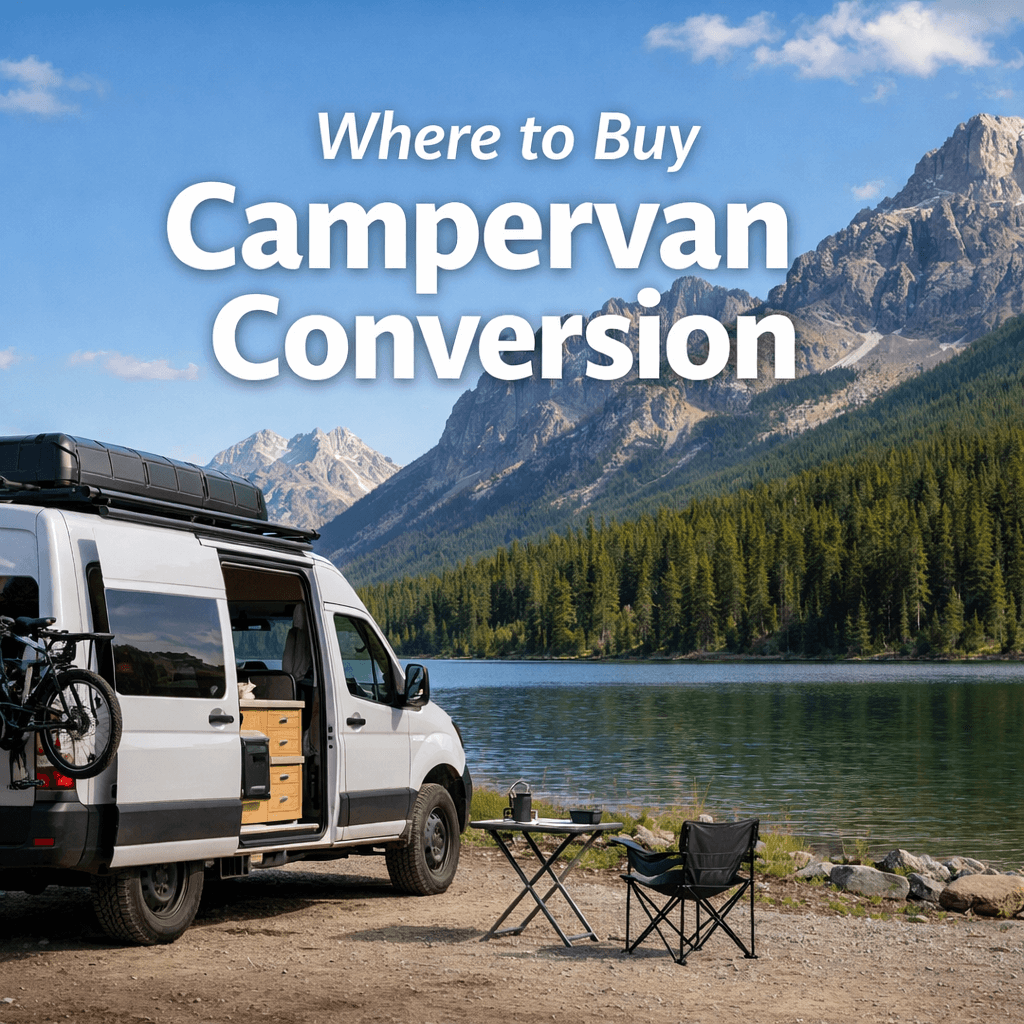 Campervan parked by a lake with mountains, featuring text “Where to Buy Campervan Conversion”
