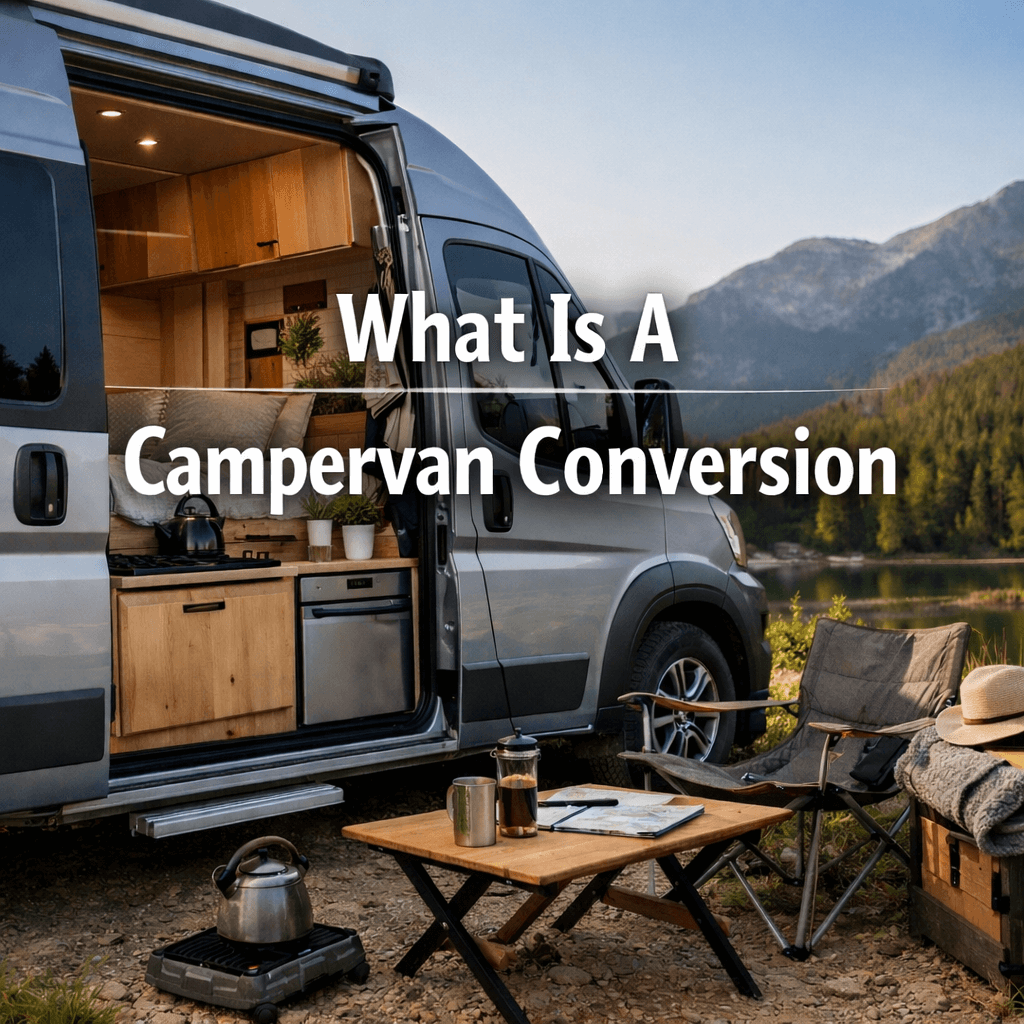 What Is A Campervan Conversion cover image showing a modern converted campervan with open side door, interior bed and kitchen visible, parked by a mountain lake with outdoor camping setup.