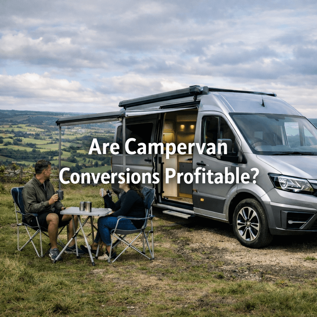 Silver campervan conversion parked in UK countryside with outdoor seating and modern interior visible with text "Are Campervan Conversions Profitable? "