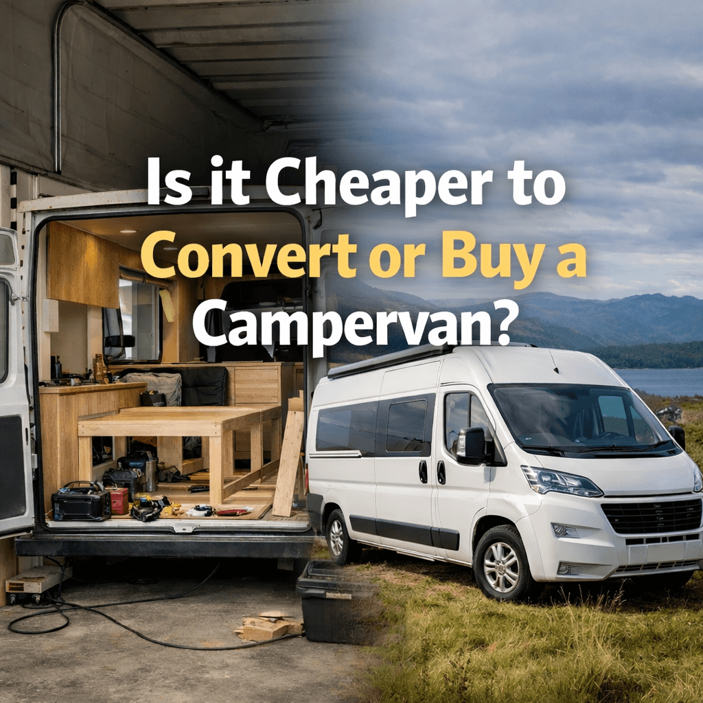 Split image showing a DIY campervan conversion beside a finished campervan in nature with centred text reading “Is it Cheaper to Convert or Buy a Campervan?”