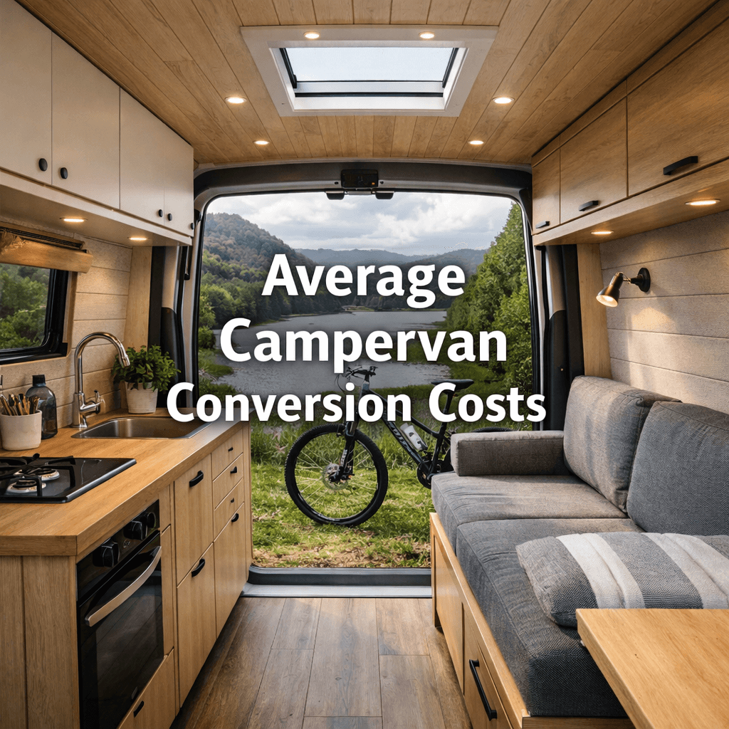 Average Campervan Conversion Costs cover image showing a realistic campervan conversion interior with centred title text in natural daylight.