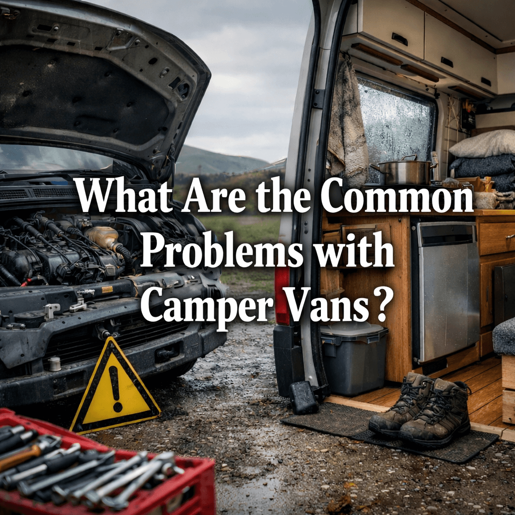 Cover image showing a camper van with its bonnet open and a cluttered interior.
