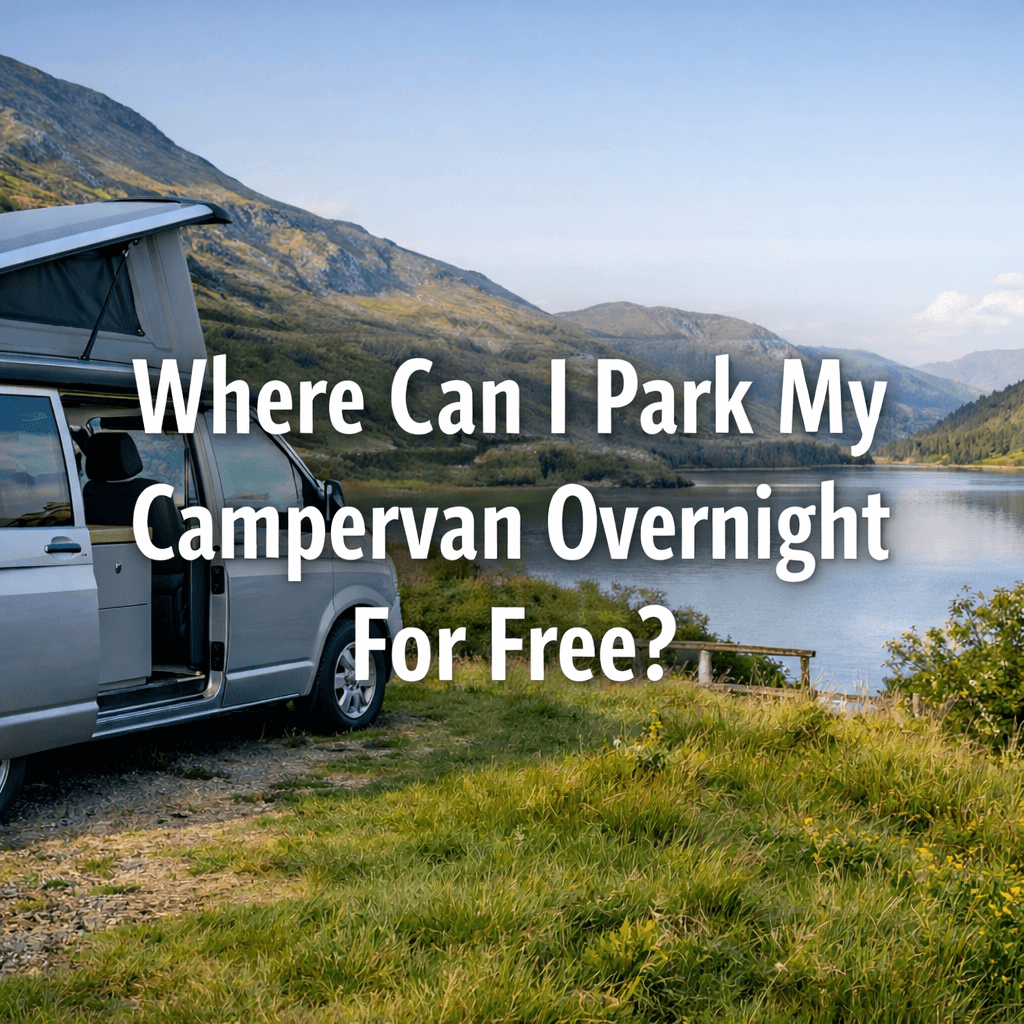 Campervan parked beside a lake with mountains in the background and large centred text reading “Where Can I Park My Campervan Overnight For Free?”.