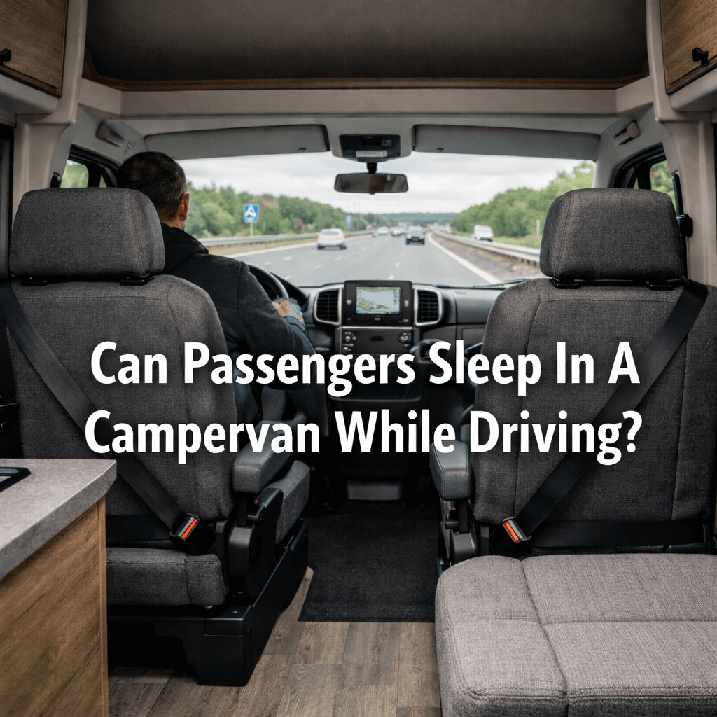 Can Passengers Sleep In A Campervan While Driving? large centred text over modern campervan interior with seatbelted travel seats on a UK motorway during daylight.