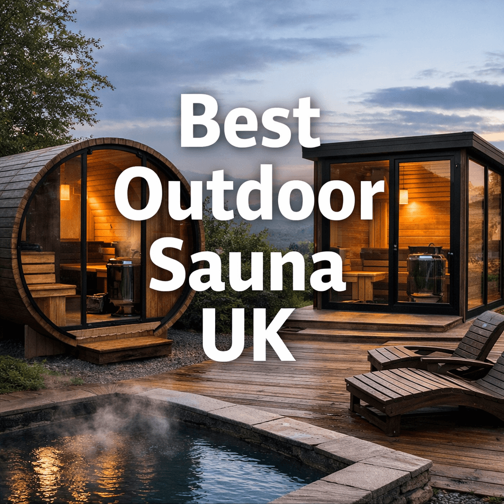 Outdoor barrel and cabin saunas in a UK garden with centred text reading “Best Outdoor Sauna UK” on a modern wooden deck.