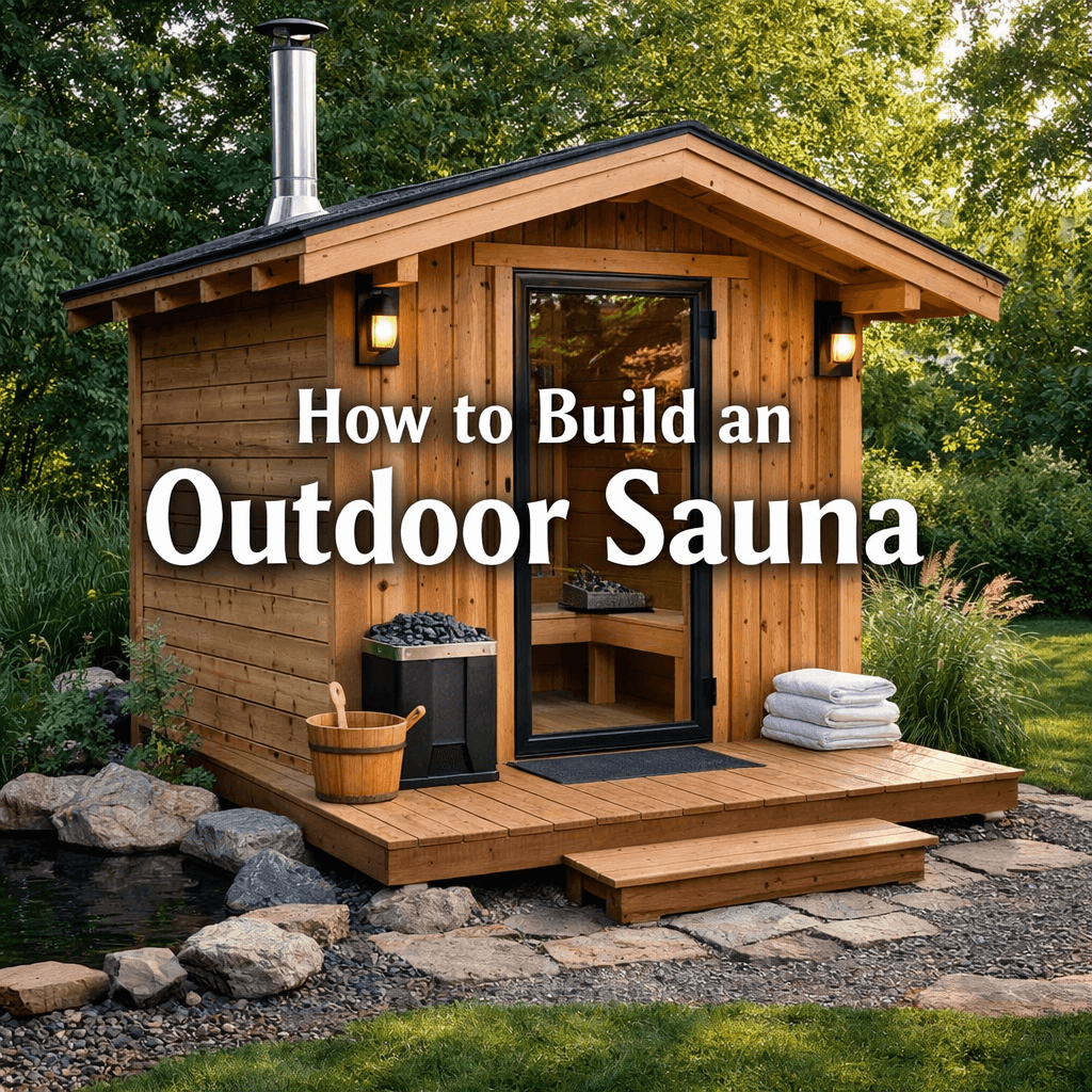 Wooden outdoor sauna in a garden setting with glass door, timber cladding, and centred text reading “How to Build an Outdoor Sauna”.