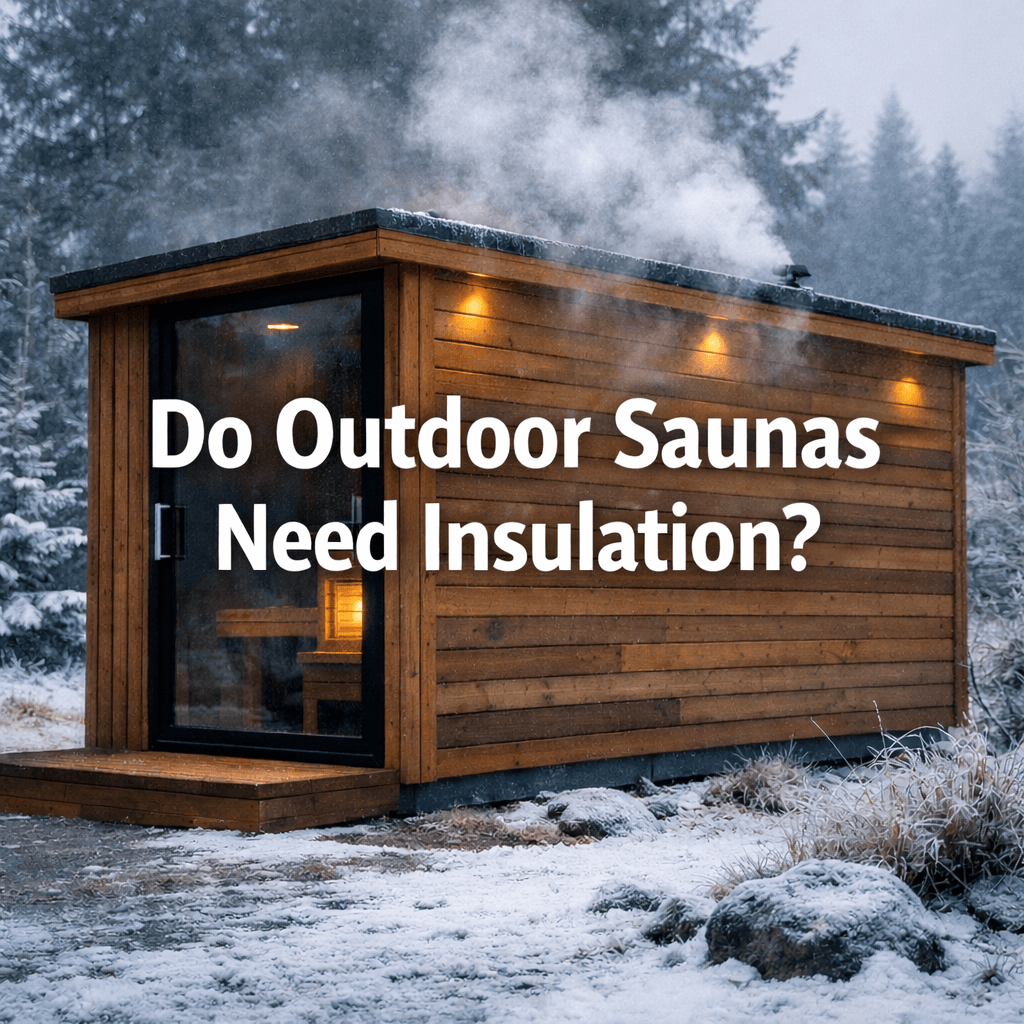 A modern outdoor wooden sauna in winter, with steam rising in cold weather, with text "Do Outdoor Saunas Need Insulation?".