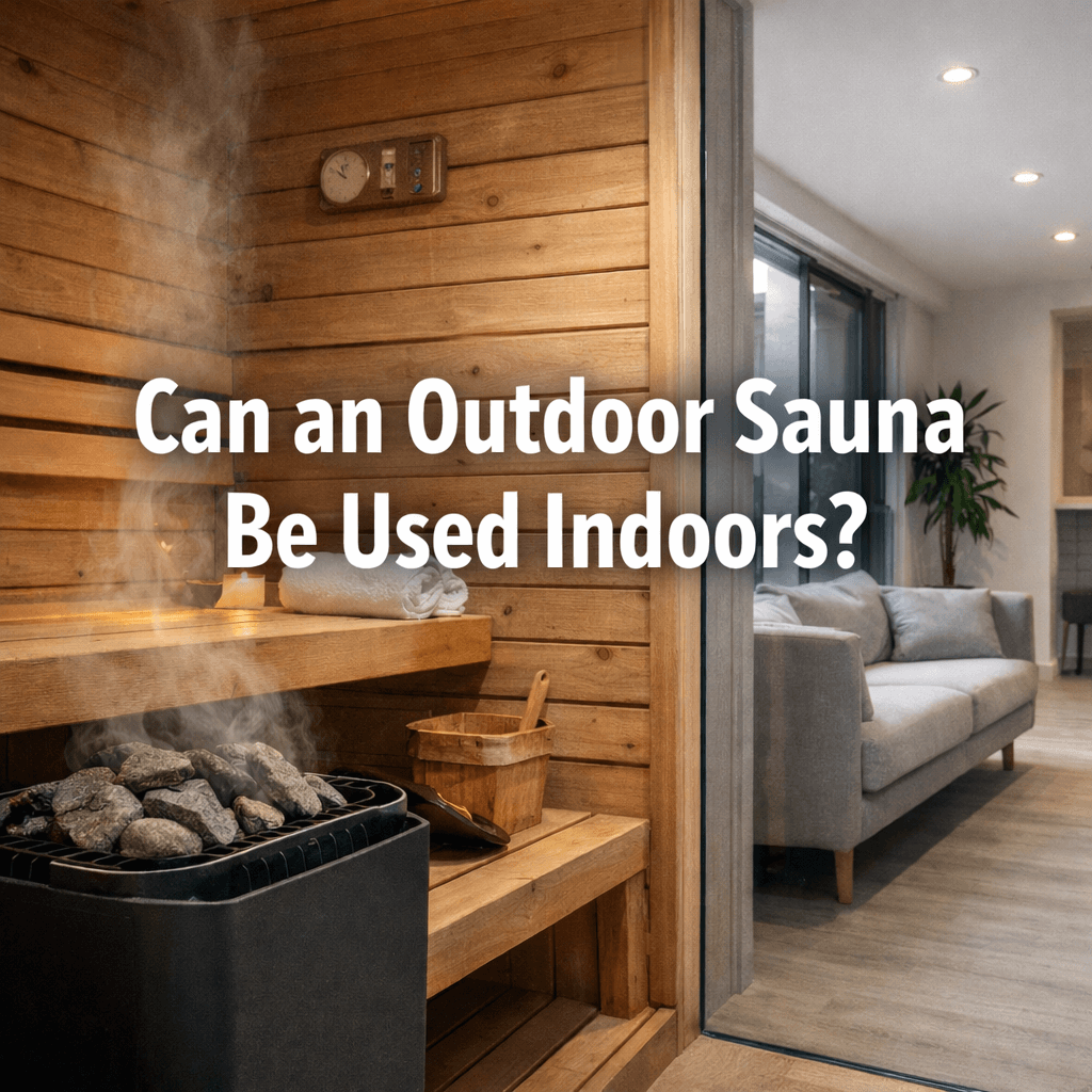 Indoor sauna installed beside a modern living space, showing wooden benches, electric heater with stones, rising steam, and centred text reading “Can an Outdoor Sauna Be Used Indoors?”