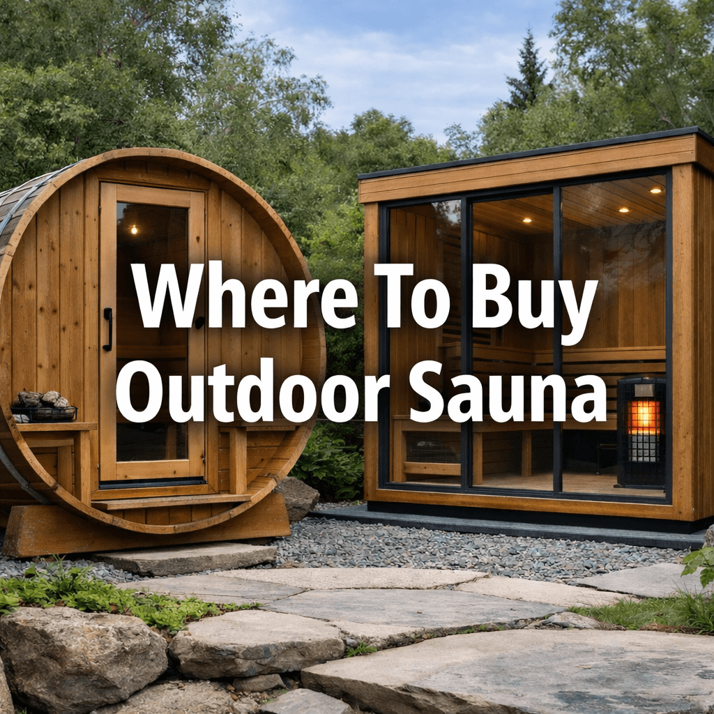 Outdoor garden scene showing a wooden barrel sauna beside a modern cabin-style outdoor sauna, with large centred text reading “Where To Buy Outdoor Sauna”.