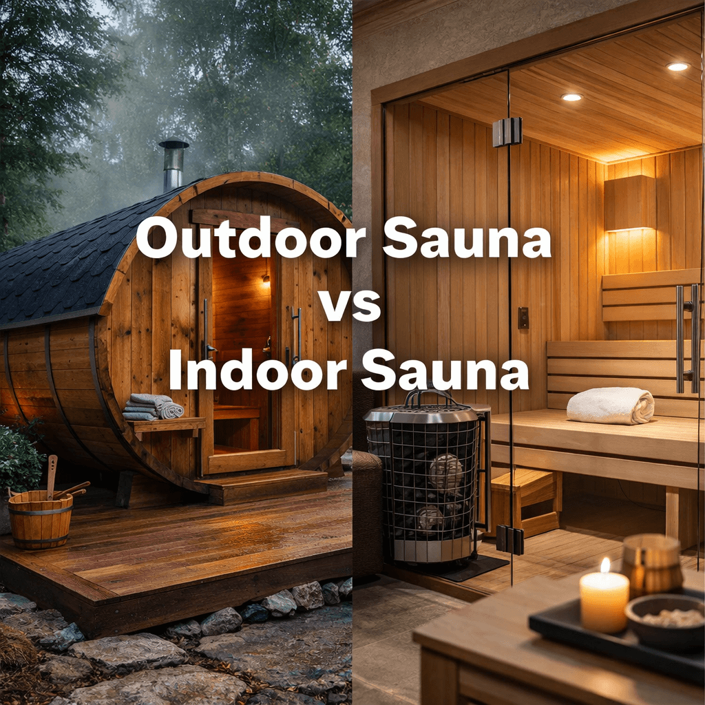 Split image showing an outdoor garden sauna and a modern indoor sauna with centred text reading “Outdoor Sauna vs Indoor Sauna”.