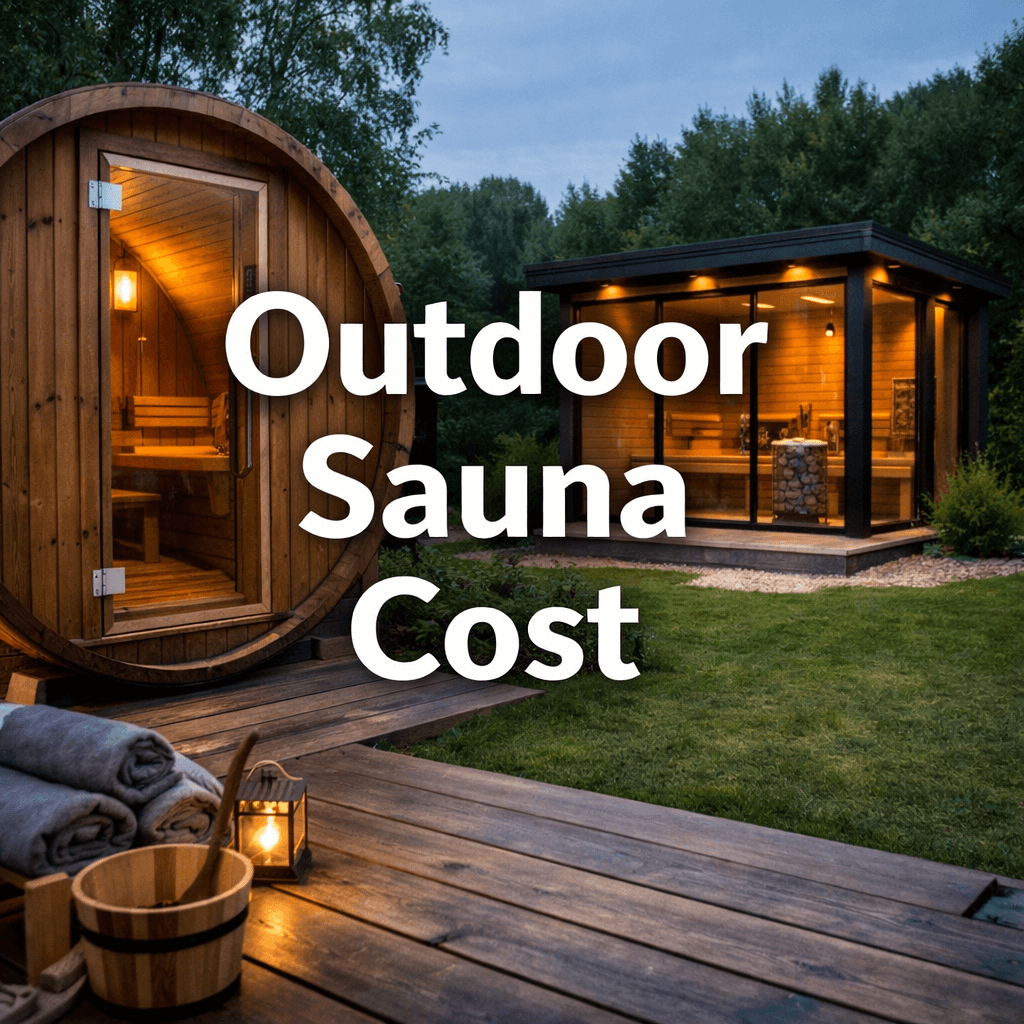 Outdoor sauna cost cover image showing a modern wooden outdoor sauna in a garden setting with centred white text reading “Outdoor Sauna Cost”.