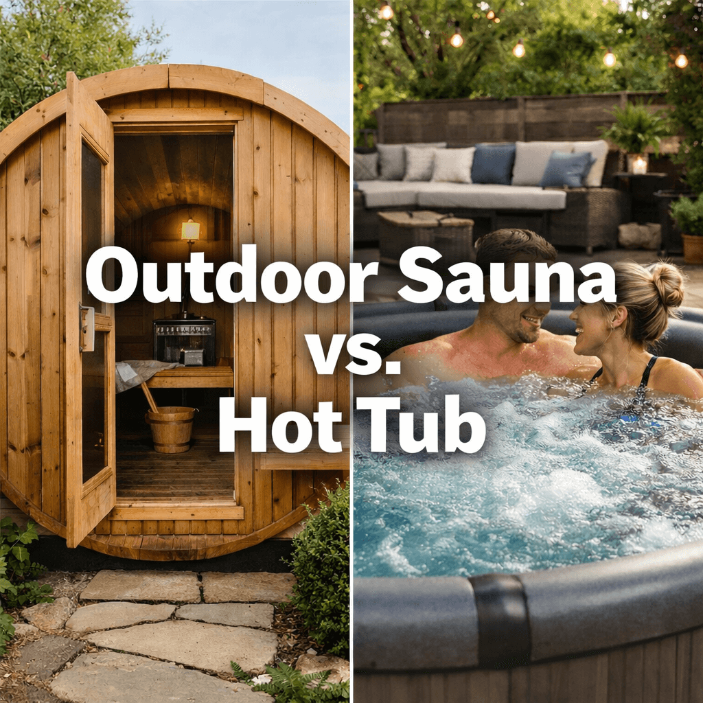 Outdoor sauna and hot tub comparison featuring a wooden barrel sauna and a couple relaxing together in a bubbling outdoor hot tub, with centred text reading “Outdoor Sauna vs. Hot Tub”.