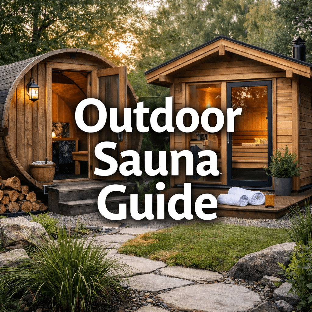 Outdoor sauna guide cover image showing a barrel sauna and cabin sauna in a landscaped UK garden with large centred text reading “Outdoor Sauna Guide”.