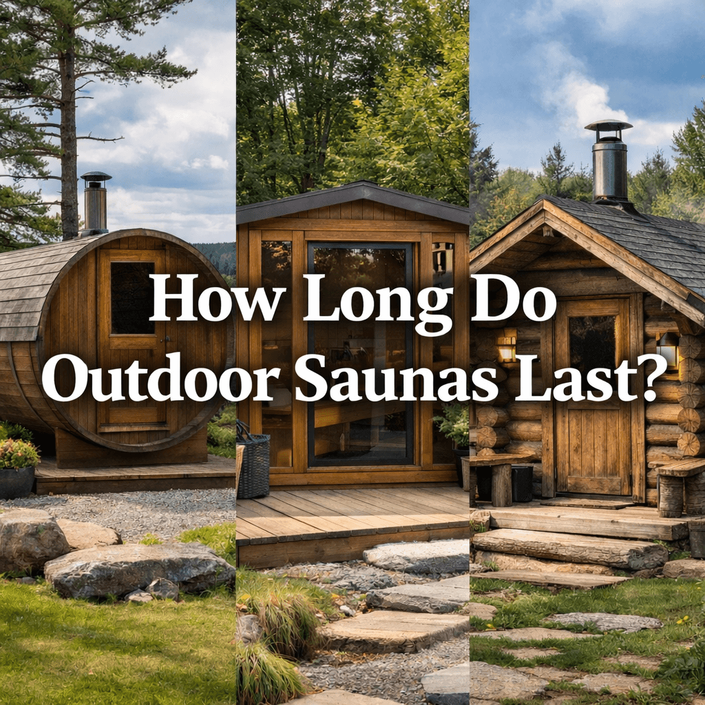 Three outdoor saunas—a barrel sauna, modern cabin sauna, and log cabin sauna—set in a garden with greenery. Large centred text reads “How Long Do Outdoor Saunas Last?” .