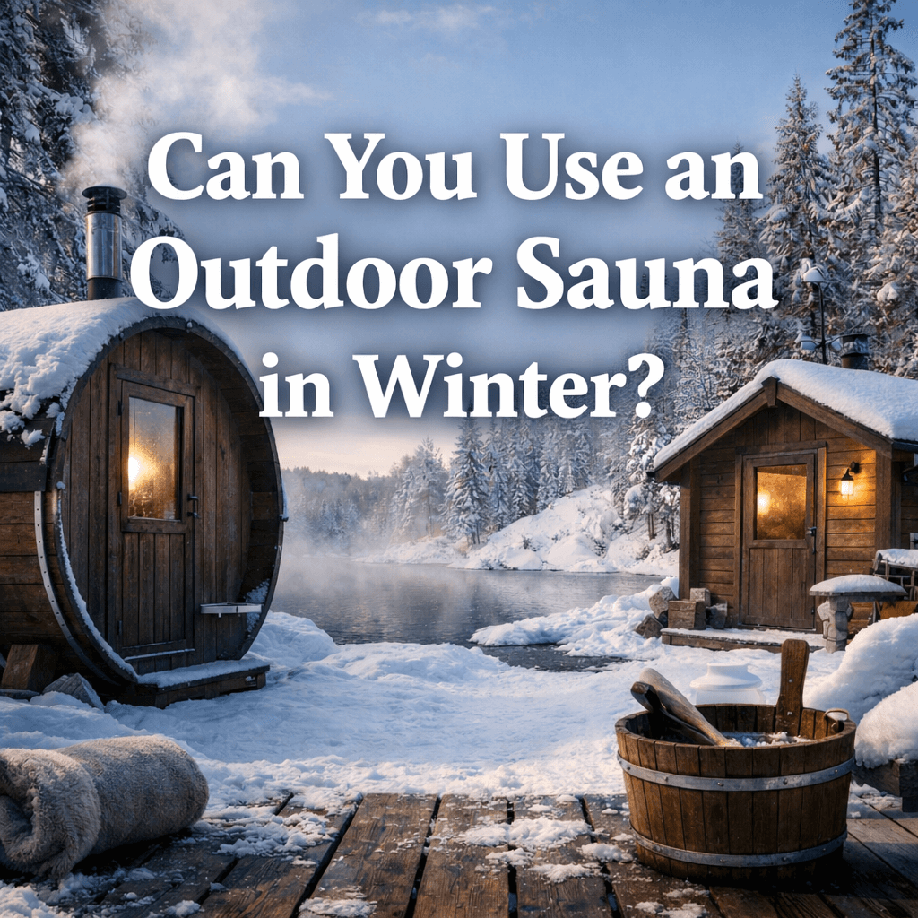 Winter scene with two outdoor saunas, snow-covered trees, a frozen lake, and steam rising from wooden saunas, with text "Can You Use an Outdoor Sauna in Winter?".