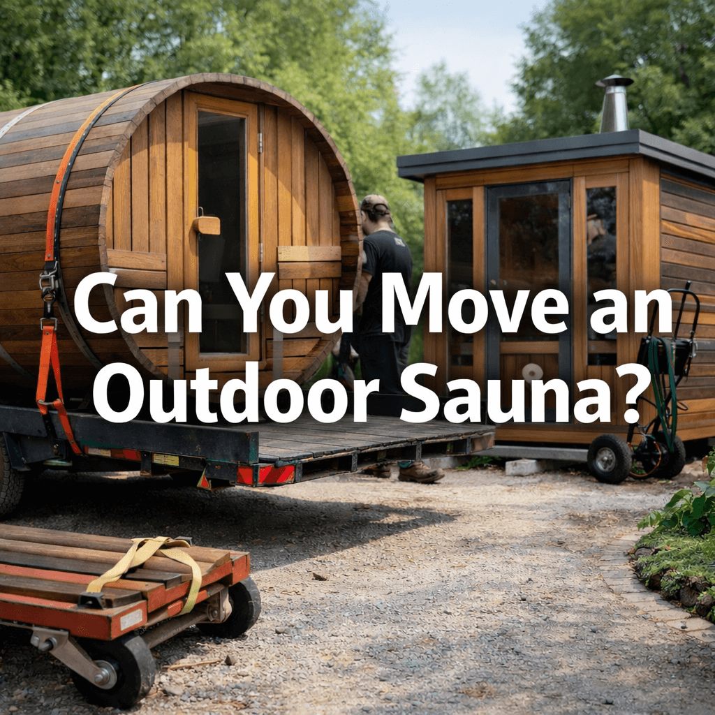 aA barrel outdoor sauna being loaded onto a flatbed trailer next to a modern outdoor sauna on a dolly, with a text “Can You Move an Outdoor Sauna?”.
