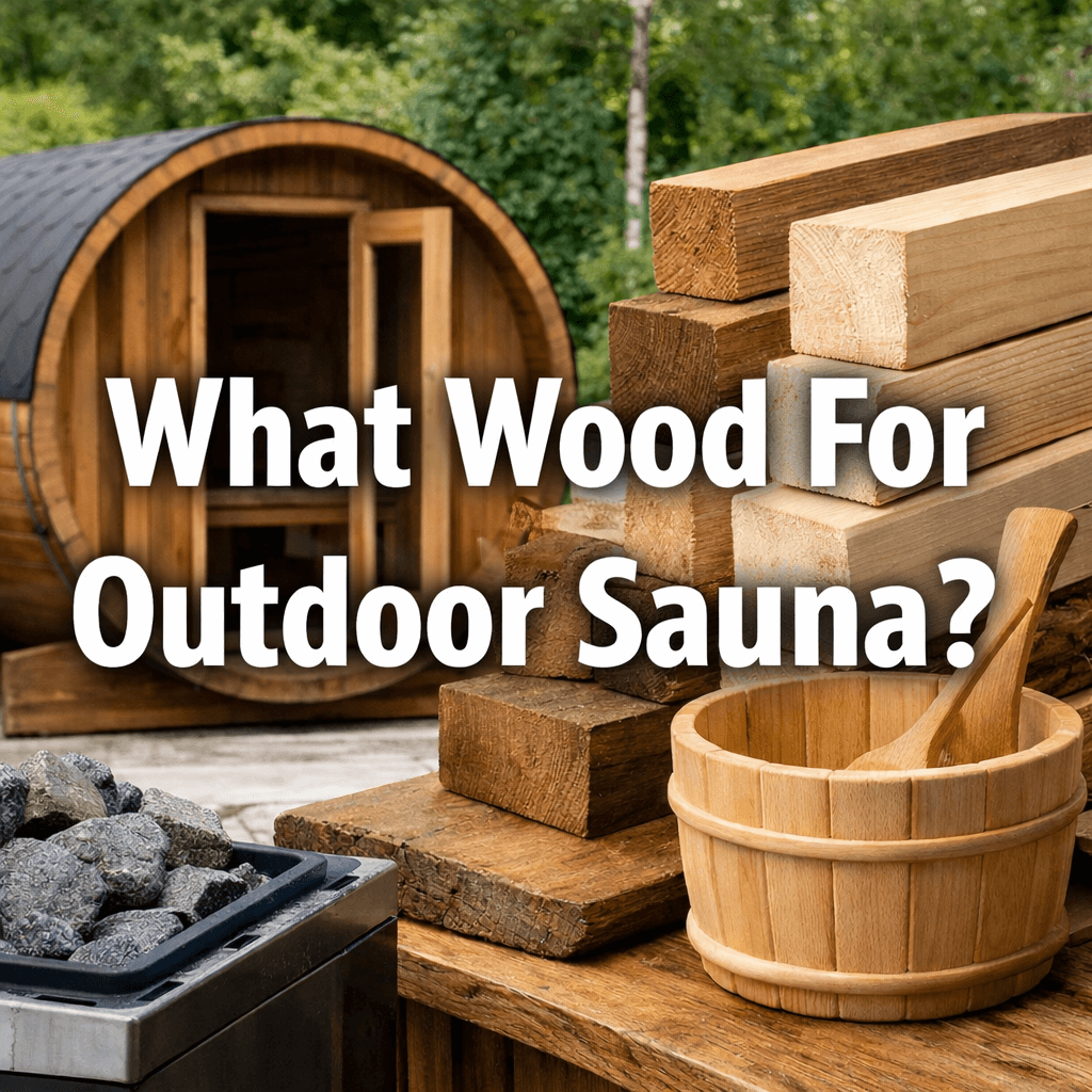 An outdoor wooden sauna with stacked timber, sauna bucket and heater, featuring centred text reading “What Wood For Outdoor Sauna?”.