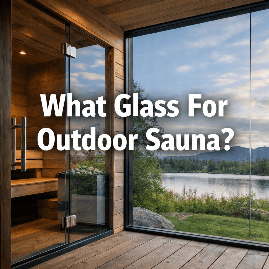 Outdoor sauna with large tempered glass walls overlooking a lake and mountains, featuring centred text reading “What Glass For Outdoor Sauna?”.