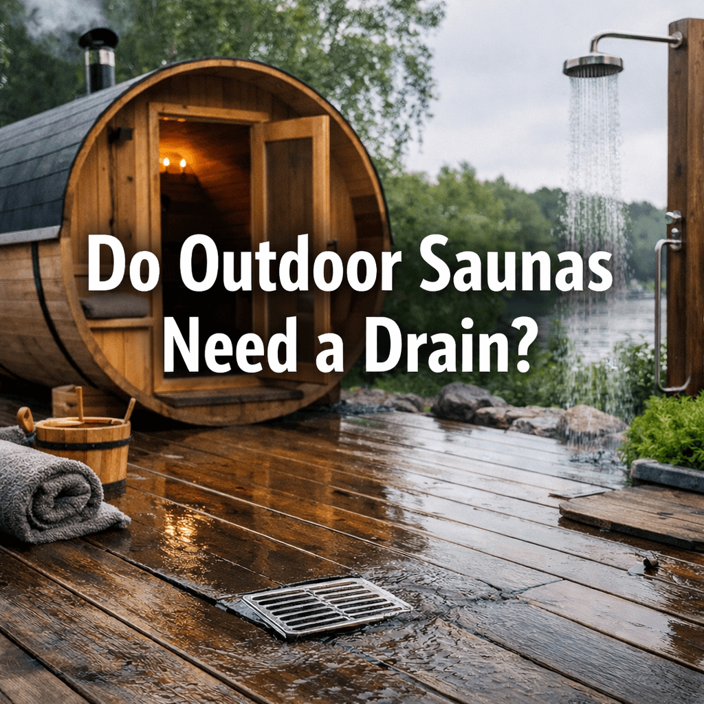 Cover image with bold white text "Do Outdoor Saunas Need a Drain?" over a photo of a barrel sauna, wet wooden deck, floor drain, and outdoor shower in a lush garden setting.