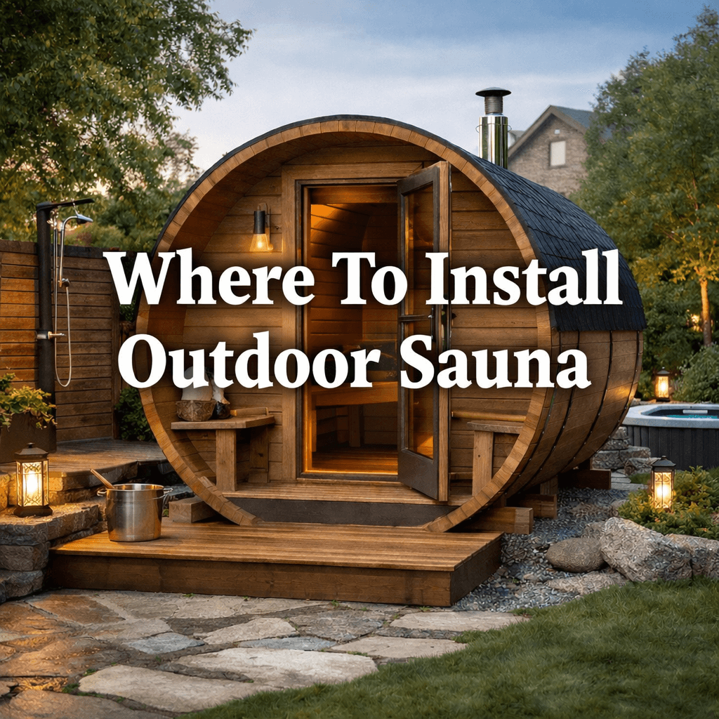 Barrel-shaped wooden outdoor sauna in garden with large centred text “Where To Install Outdoor Sauna”.