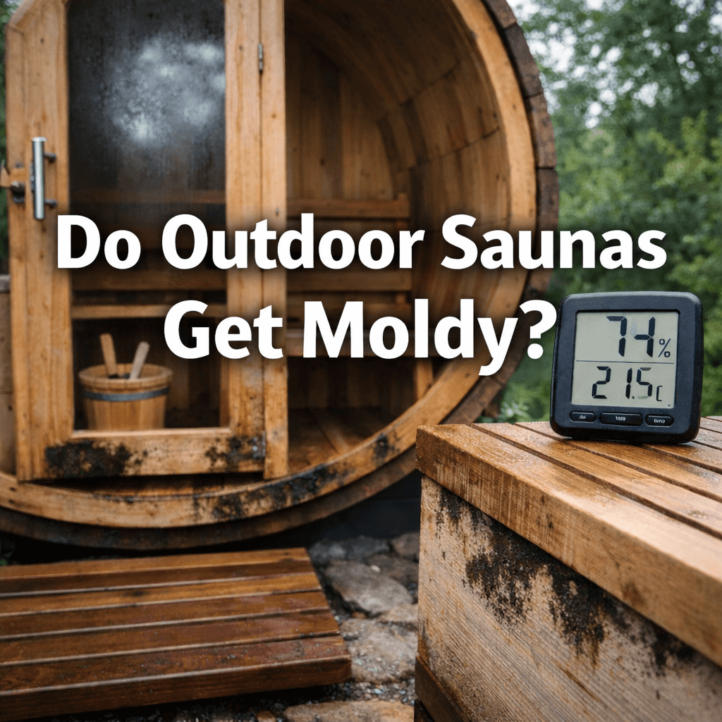 Outdoor barrel sauna with visible mould and large centred text reading “Do Outdoor Saunas Get Moldy?”.