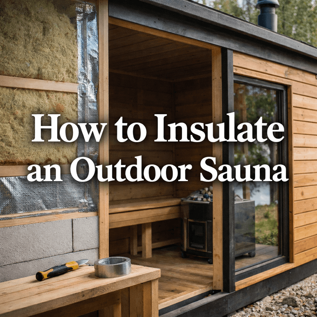 A modern outdoor sauna with exposed insulation and vapour barrier on one side, a finished wooden sauna interior on the other, and text reading “How to Insulate an Outdoor Sauna”.