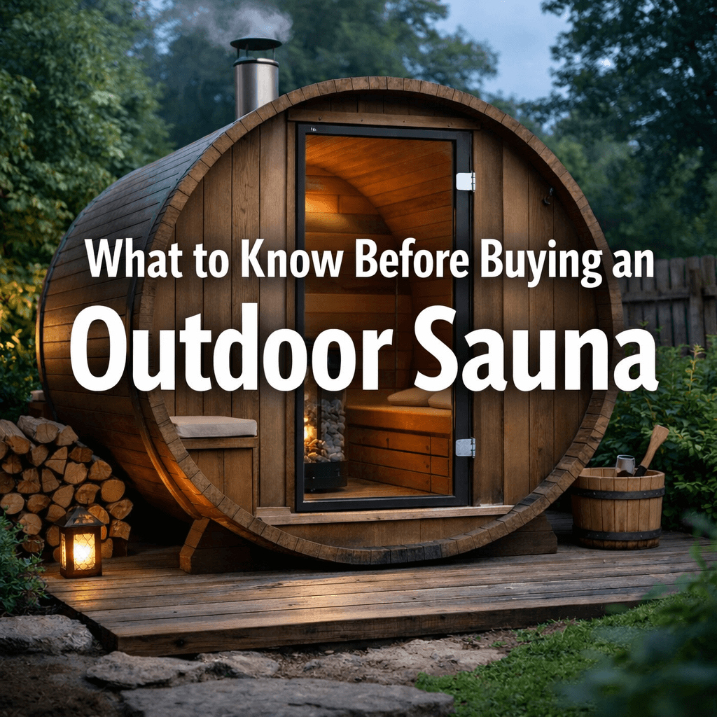 Outdoor barrel sauna in a garden with large centred text reading “What to Know Before Buying an Outdoor Sauna”.
