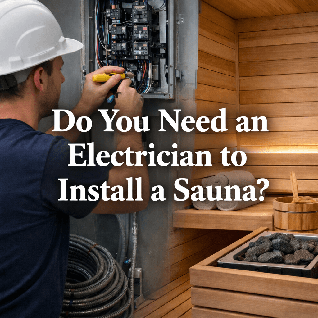 Electrician wiring a sauna electrical panel beside a modern wooden sauna interior, with large centred text reading “Do You Need an Electrician to Install a Sauna?”.