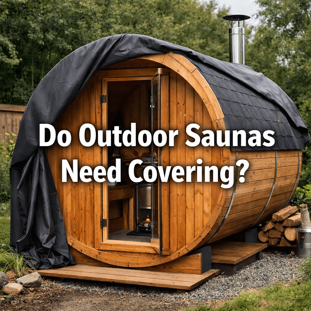 Outdoor barrel sauna with a protective waterproof cover in a garden, featuring large centred text reading “Do Outdoor Saunas Need Covering?”.