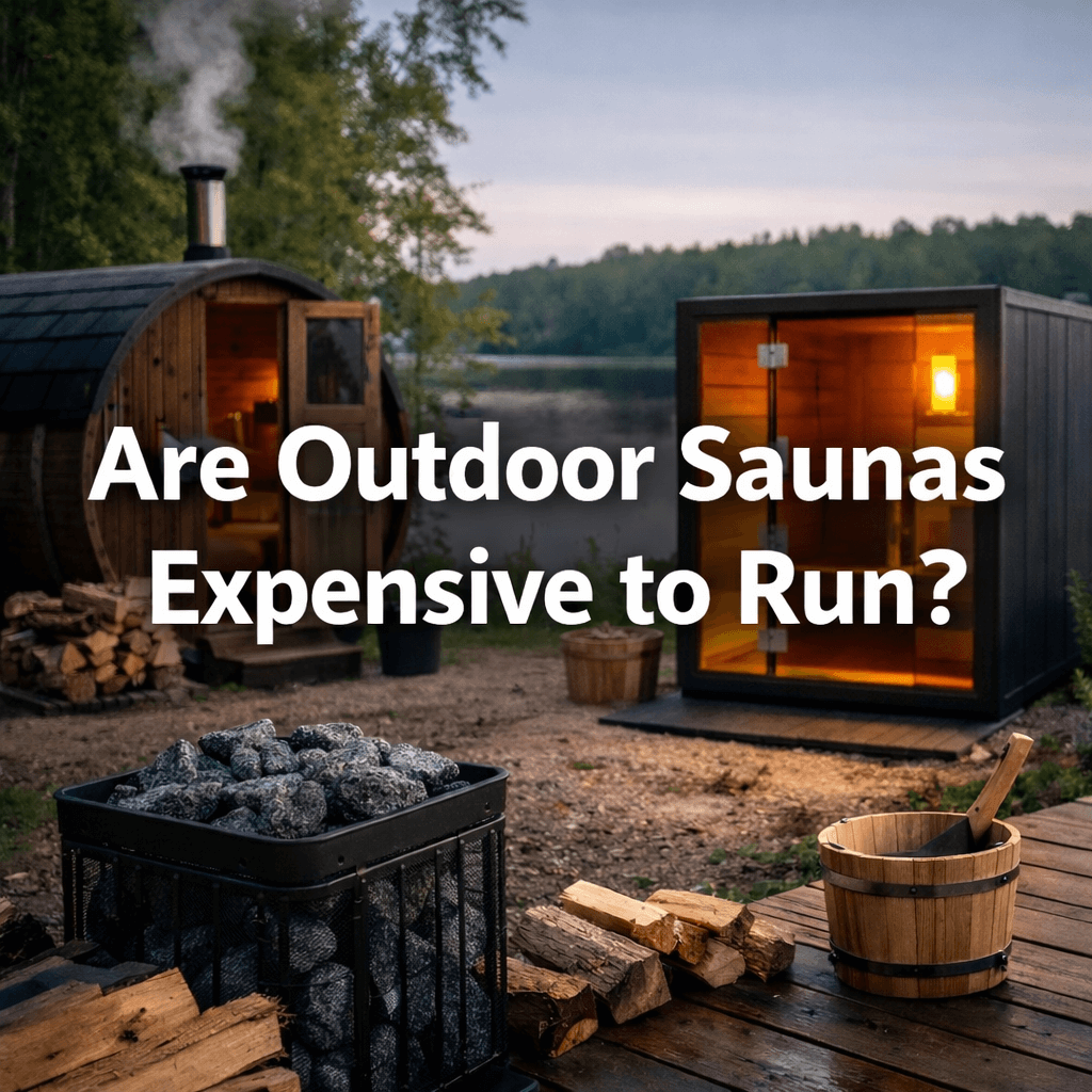 Two modern outdoor saunas by a lakeside garden, one wood-fired and one electric, with large centred white text reading “Are Outdoor Saunas Expensive to Run?.