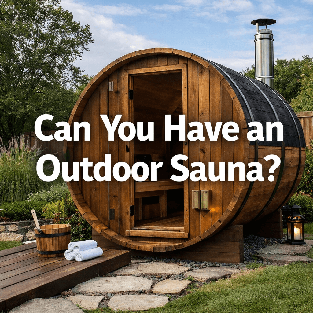 Outdoor barrel sauna in a garden with centred text  “Can You Have an Outdoor Sauna?”, showing a wooden sauna with open door, chimney, towels, and landscaped surroundings in natural daylight.