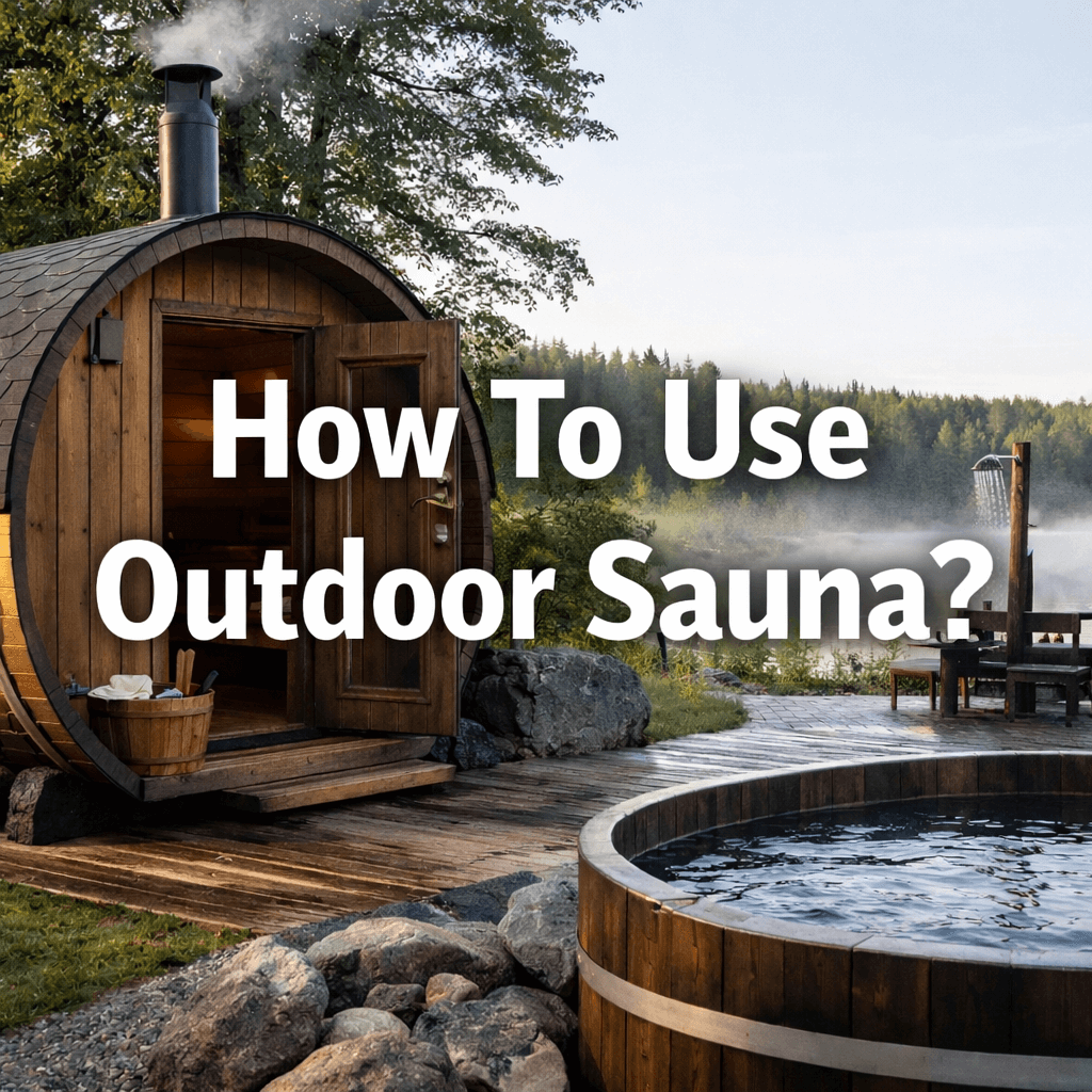 Outdoor sauna by a lakeside with cold plunge pool and centred text reading “How To Use Outdoor Sauna?”.