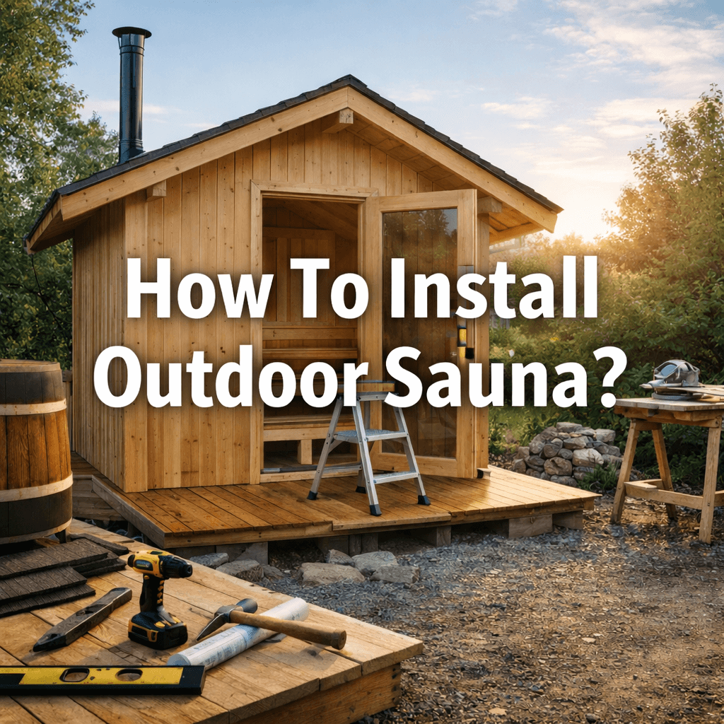 Outdoor sauna under construction in a garden setting with tools visible and large centred text reading “How To Install Outdoor Sauna?”.