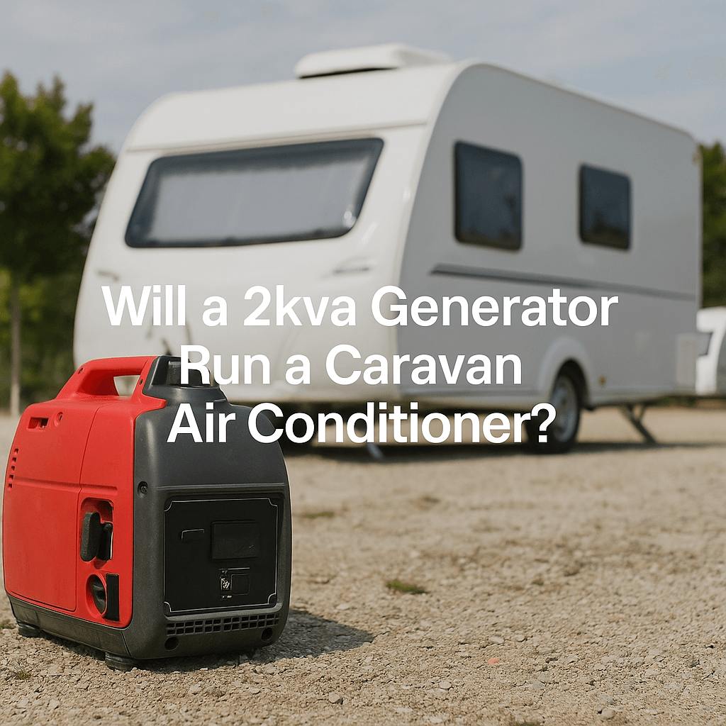 "Will a 2kva Generator Run a Caravan Air Conditioner?" over a red generator and white caravan in a sunny outdoor setting.